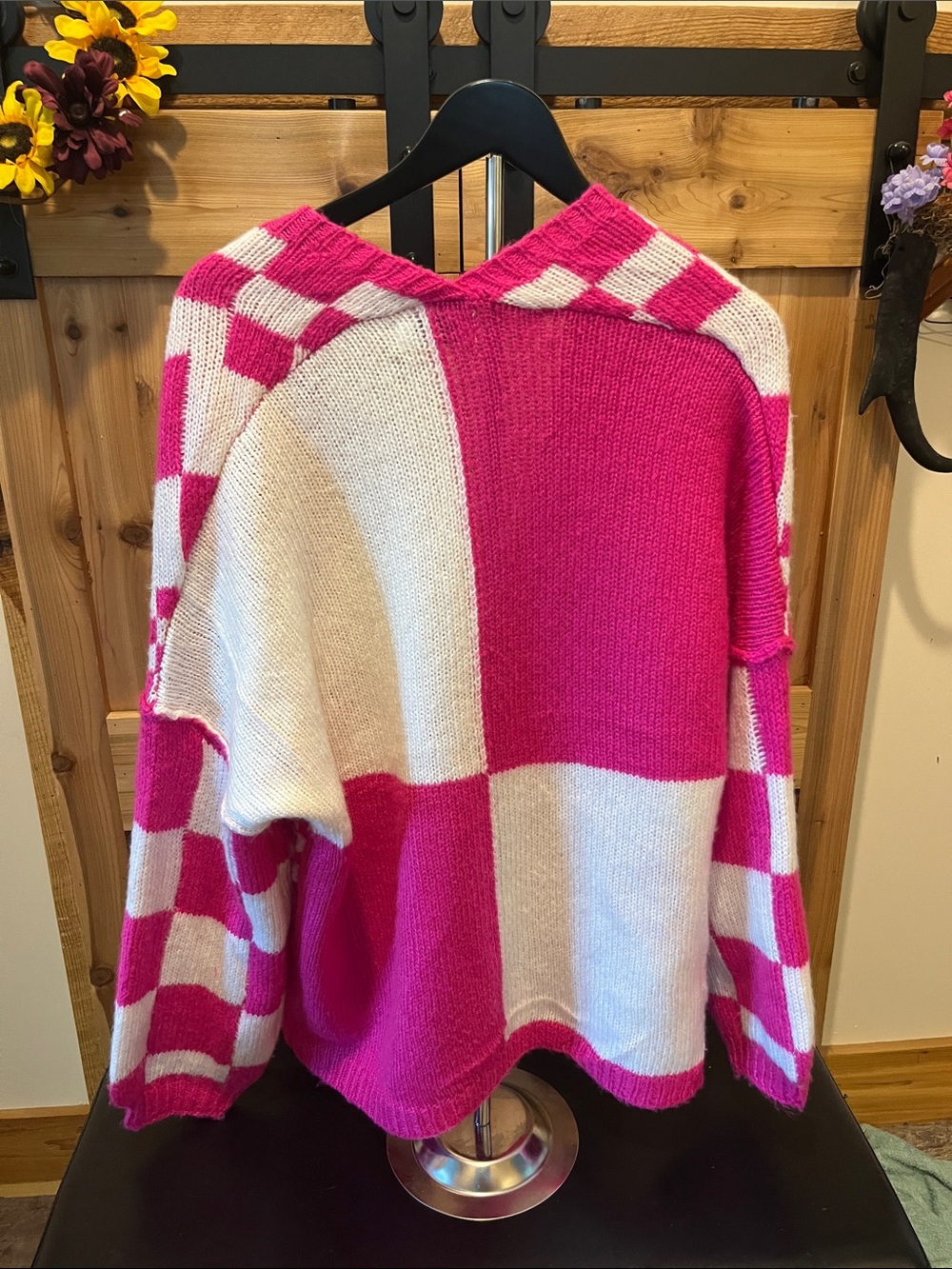 Miracle Hot Pink and White Checkerboard Open-Front Oversize Cardigan - Picture 7 of 7